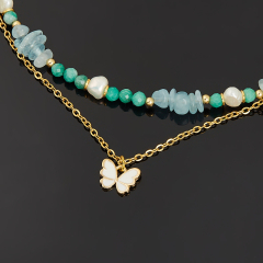 Чокер микс аквамарин, амазонит, жемчуг (биж. сплав, сталь хир. позолота) 37 см (+7 см)