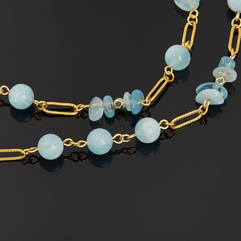 Бусы микс аквамарин, гематит (сталь хир. позолота) 45 см (+7 см)
