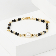 Браслет микс жемчуг, лунный камень, шпинель (сталь хир. позолота) 16 см (+3 см)