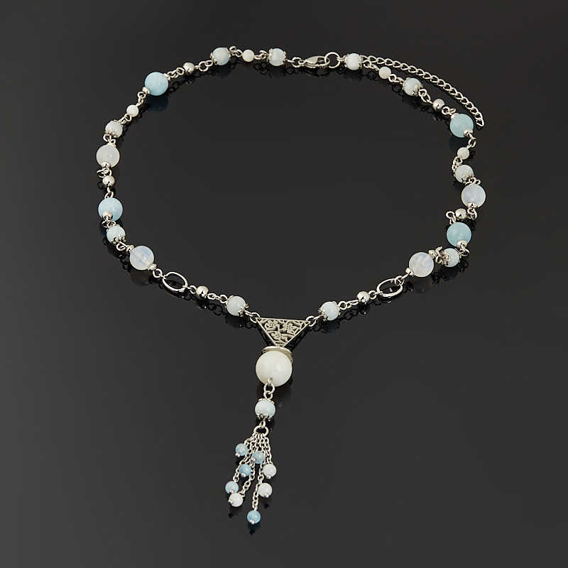 Колье микс аквамарин, лунный камень (сталь хир.) 49 см (+7 см)