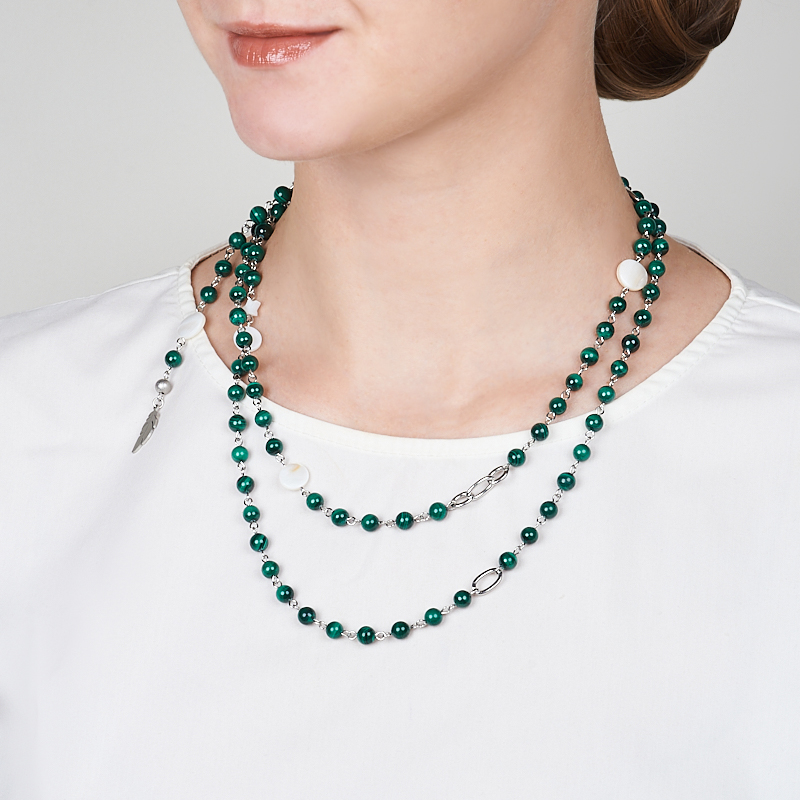 Колье микс малахит, перламутр (сталь хир.) 124 см (+7 см)
