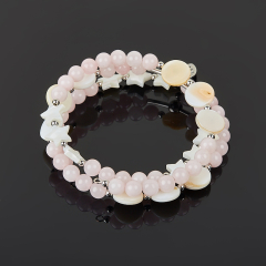 Браслет микс перламутр, розовый кварц (биж. сплав, сталь хир.) пружина 17 см (регулируемый)