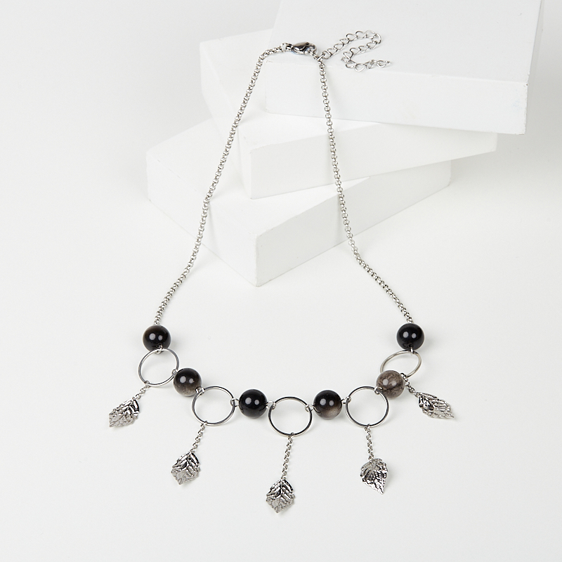 Бусы обсидиан серебристый Мексика (сталь хир.) (колье) 10 мм 46 см (+7 см)