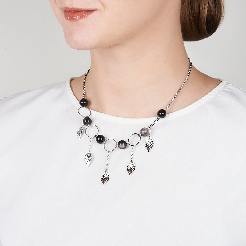 Бусы обсидиан серебристый Мексика (сталь хир.) (колье) 10 мм 46 см (+7 см)