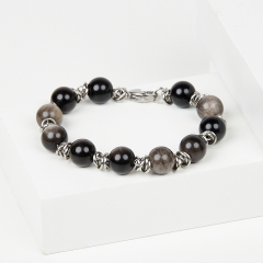 Браслет обсидиан серебристый Мексика (сталь хир.) 10 мм 16 см (+3 см)