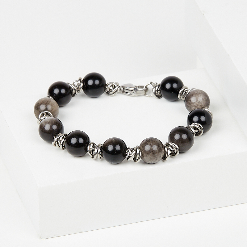 Браслет обсидиан серебристый Мексика (сталь хир.) 10 мм 16 см (+3 см)