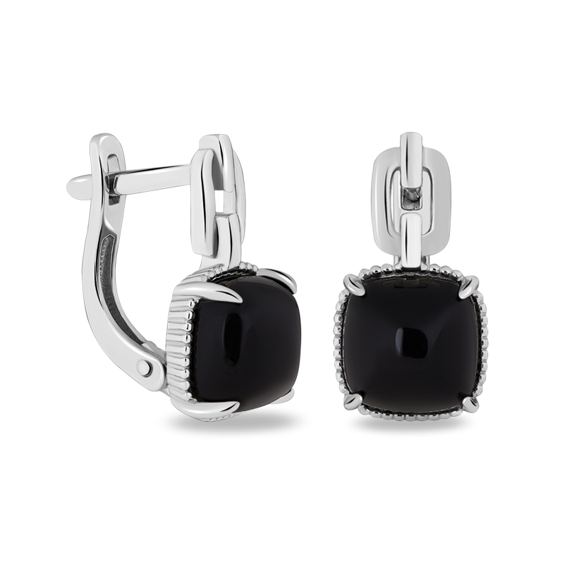 Серьги агат черный Бразилия (серебро 925 пр. родир. бел.)