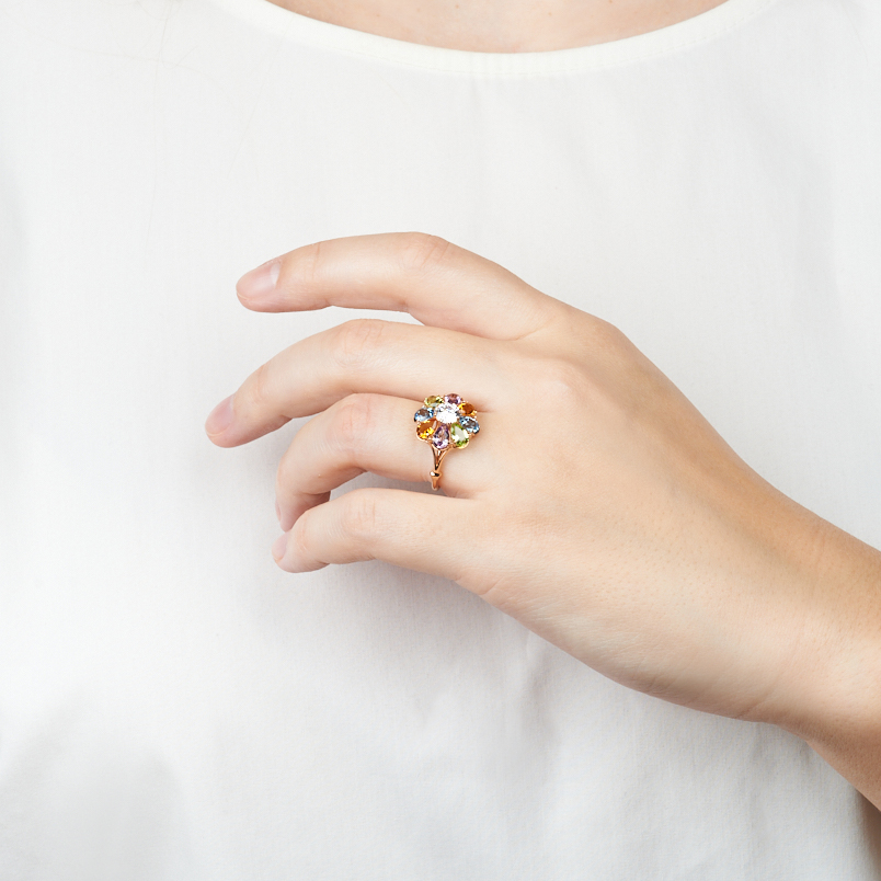 Кольцо микс аметист, топаз, хризолит (серебро 925 пр. позолота) огранка размер 18,5