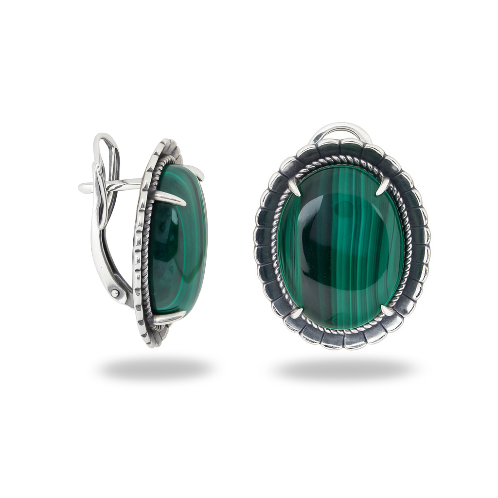 Серьги малахит Конго (серебро 925 пр. оксидир. родир. бел.)