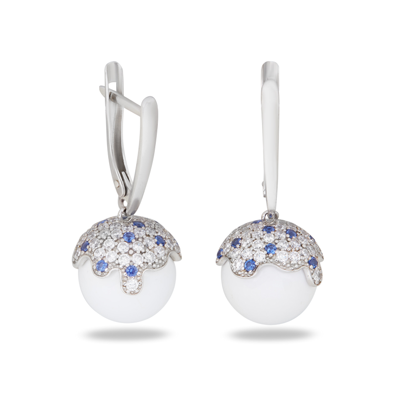 Серьги агат белый Индия (серебро 925 пр. родир. бел.)