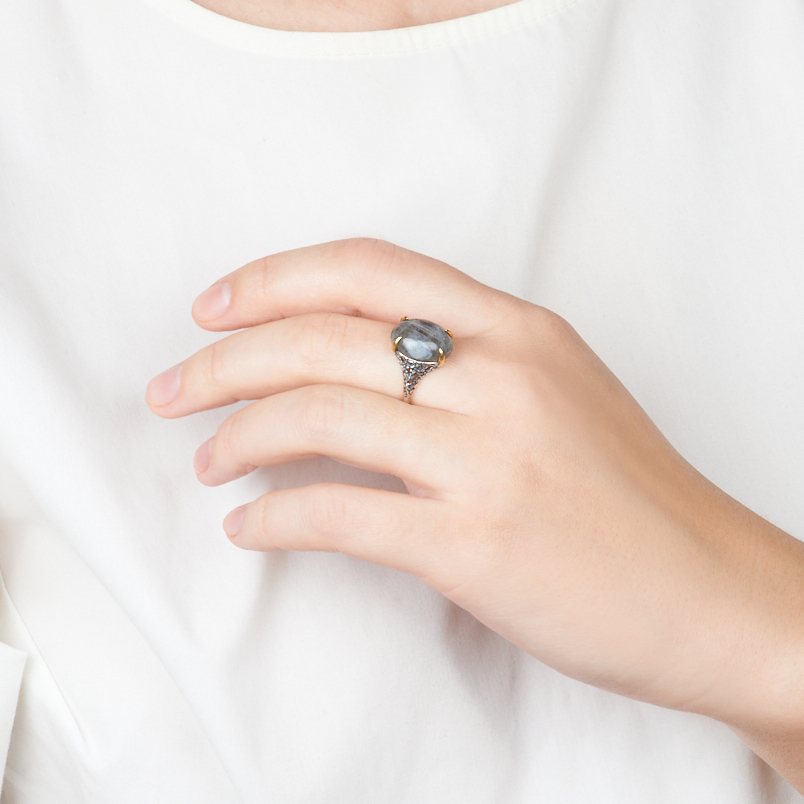 Кольцо лабрадор Мадагаскар (серебро 925 пр. оксидир., позолота) размер 19