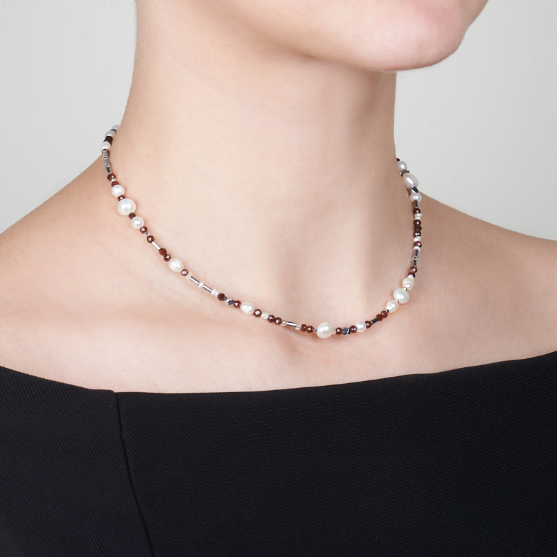 Бусы микс гематит, гранат, жемчуг (сталь хир.) 42 см (+7 см)