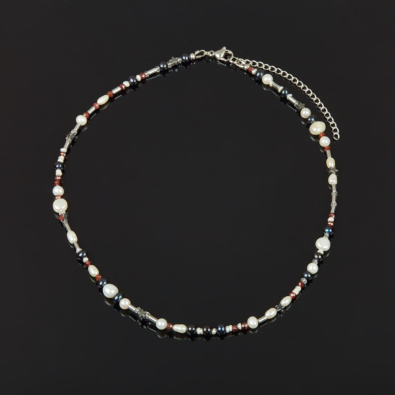 Бусы микс гематит, гранат, жемчуг (сталь хир.) 42 см (+7 см)