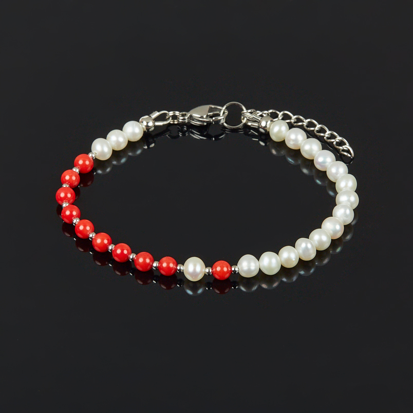 Браслет микс жемчуг, коралл (сталь хир.) 16 см (+3 см)