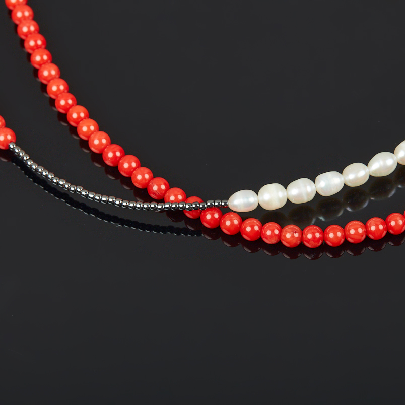 Бусы микс гематит, жемчуг, коралл (сталь хир.) длинные 78 см