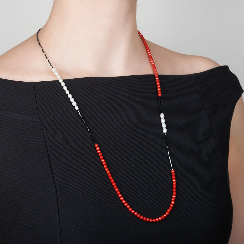 Бусы микс гематит, жемчуг, коралл (сталь хир.) длинные 78 см