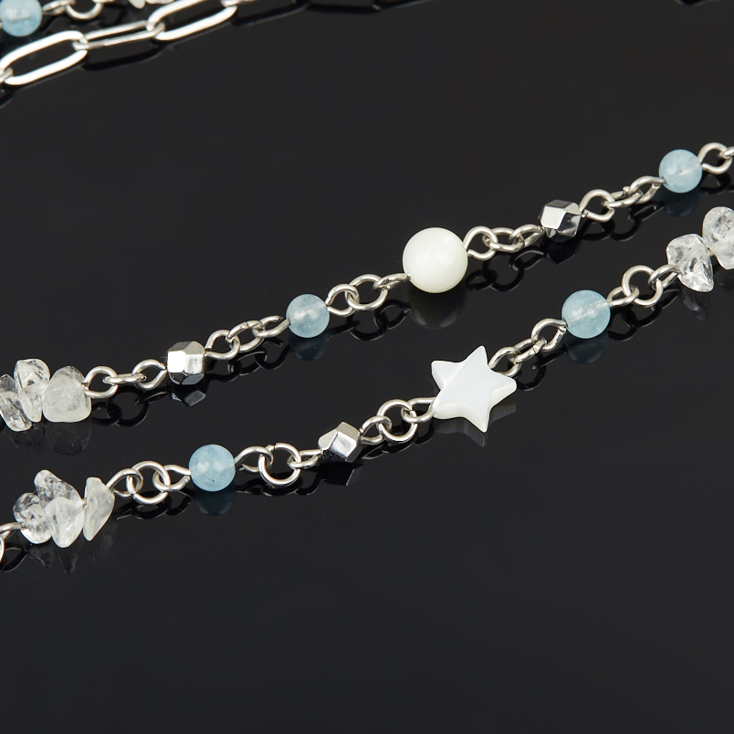 Бусы микс аквамарин, гематит, горный хрусталь (сталь хир.) (цепочка) длинные 94 см