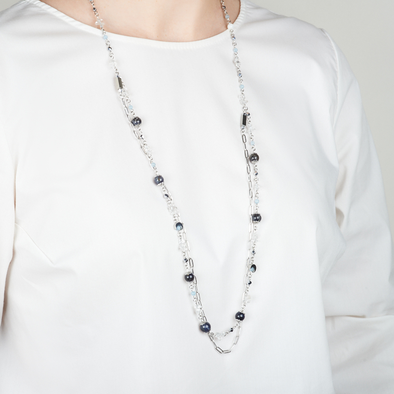 Бусы микс аквамарин, гематит, горный хрусталь (сталь хир.) (цепочка) длинные 94 см
