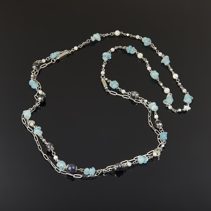Бусы микс аквамарин, гематит, иолит (кордиерит) (сталь хир.) (цепочка) длинные 94&nbsp;см