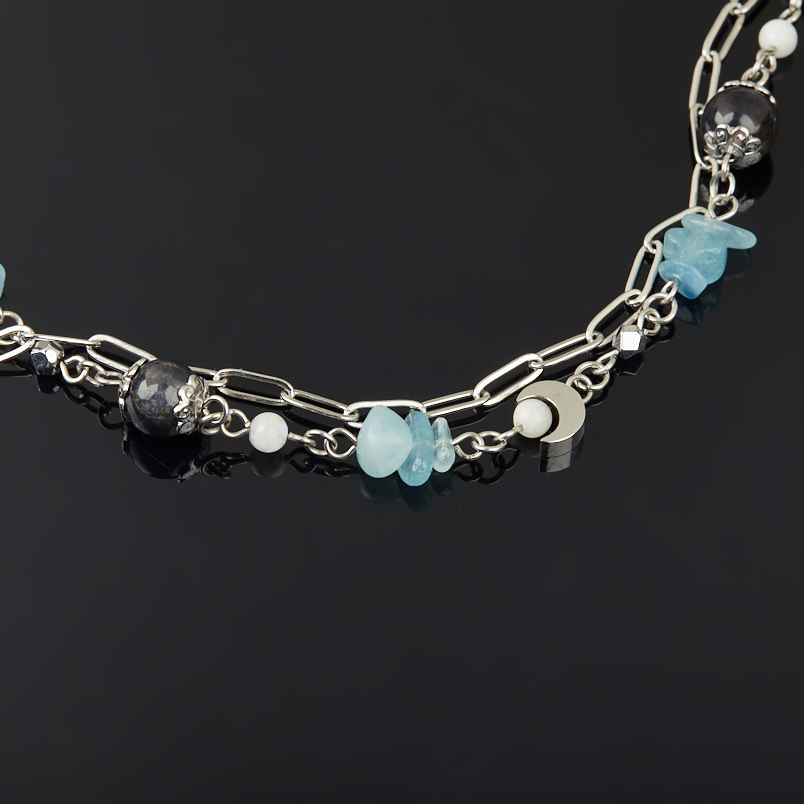 Бусы микс аквамарин, гематит, иолит (кордиерит) (сталь хир.) (цепочка) длинные 94&nbsp;см
