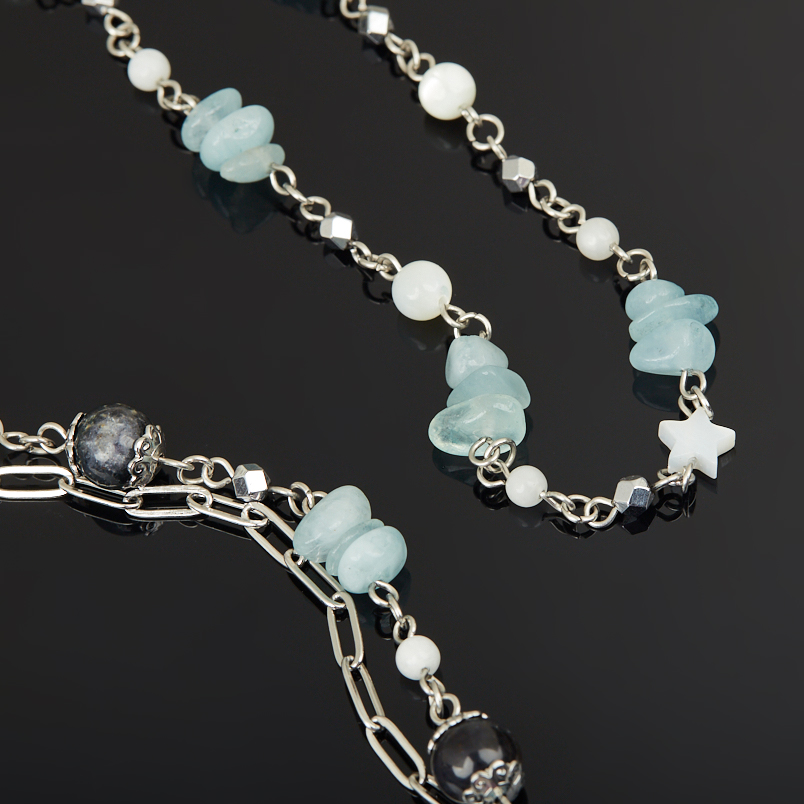 Бусы микс аквамарин, гематит, иолит (кордиерит) (сталь хир.) (цепочка) длинные 94&nbsp;см