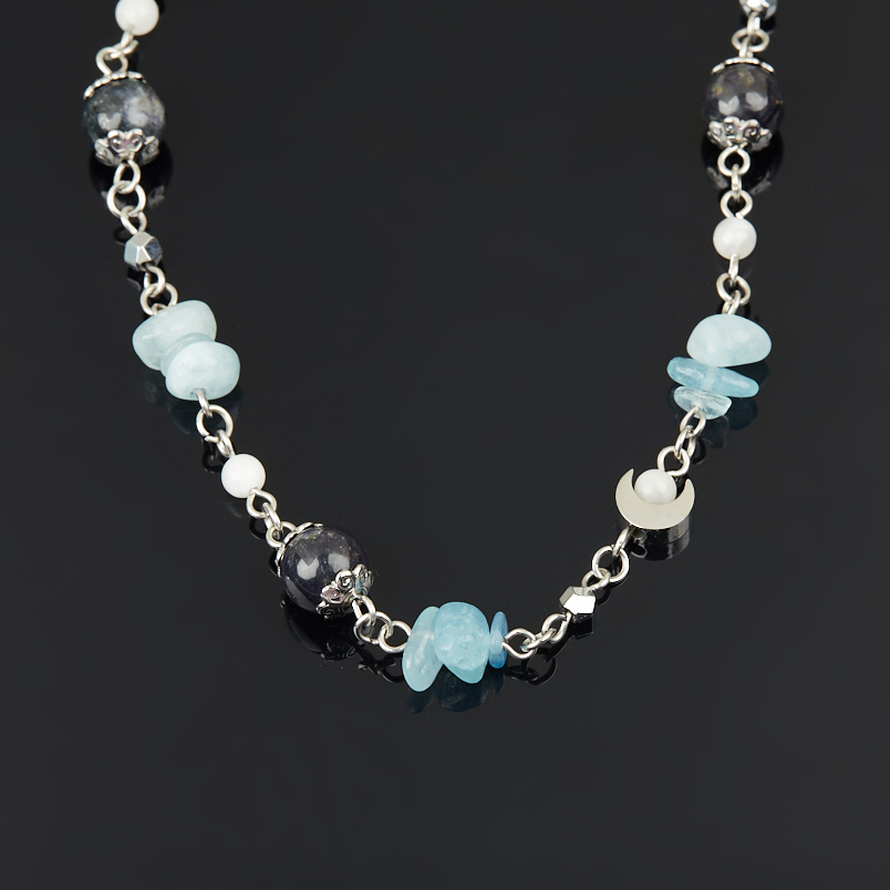 Бусы микс аквамарин, гематит, иолит (кордиерит) (сталь хир.) (цепочка) длинные 94&nbsp;см