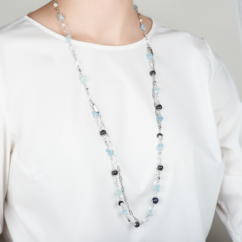 Бусы микс аквамарин, гематит, иолит (кордиерит) (сталь хир.) (цепочка) длинные 94&nbsp;см