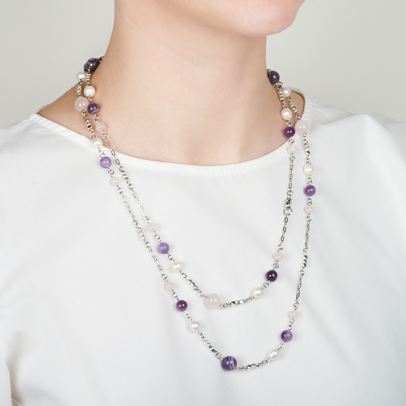 Бусы микс аметист, гематит, жемчуг (сталь хир.) (цепочка) длинные 126 см