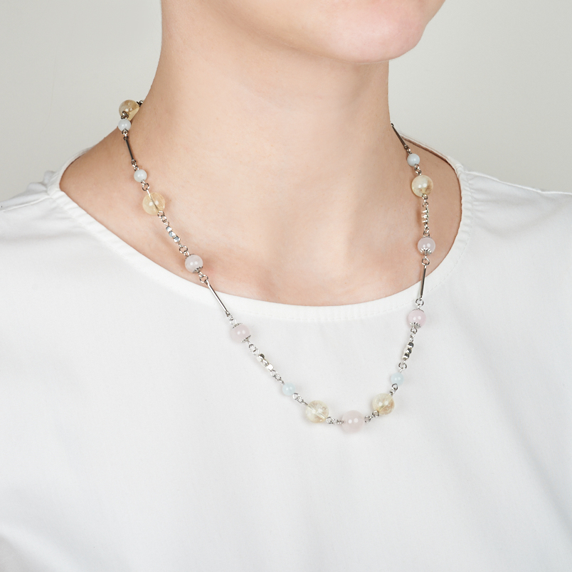 Бусы микс аквамарин, гематит, розовый кварц (сталь хир.) 55 см (+7 см)