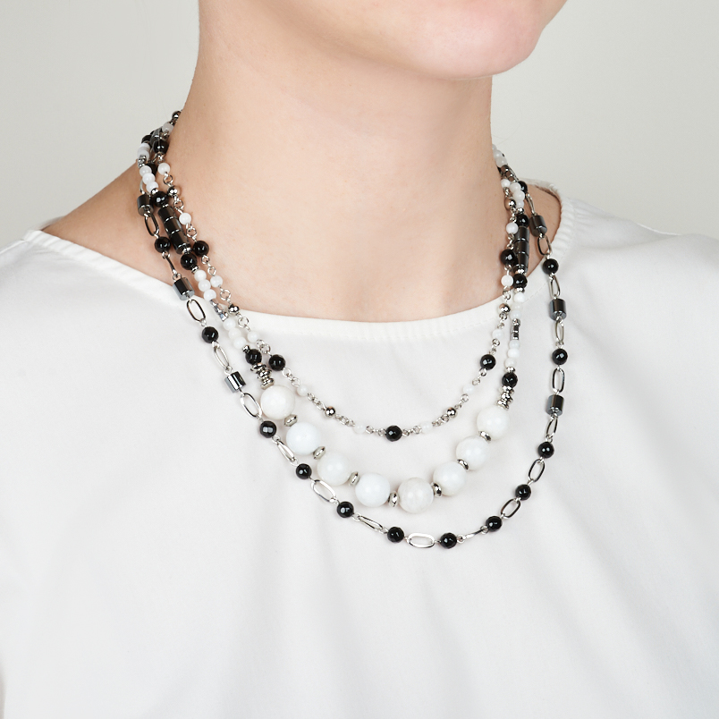 Бусы микс агат, гематит, лунный камень (сталь хир.) (колье) 46 см (+7 см)