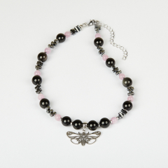 Чокер микс гематит, кунцит, обсидиан (сталь хир.) 38 см (+7 см)