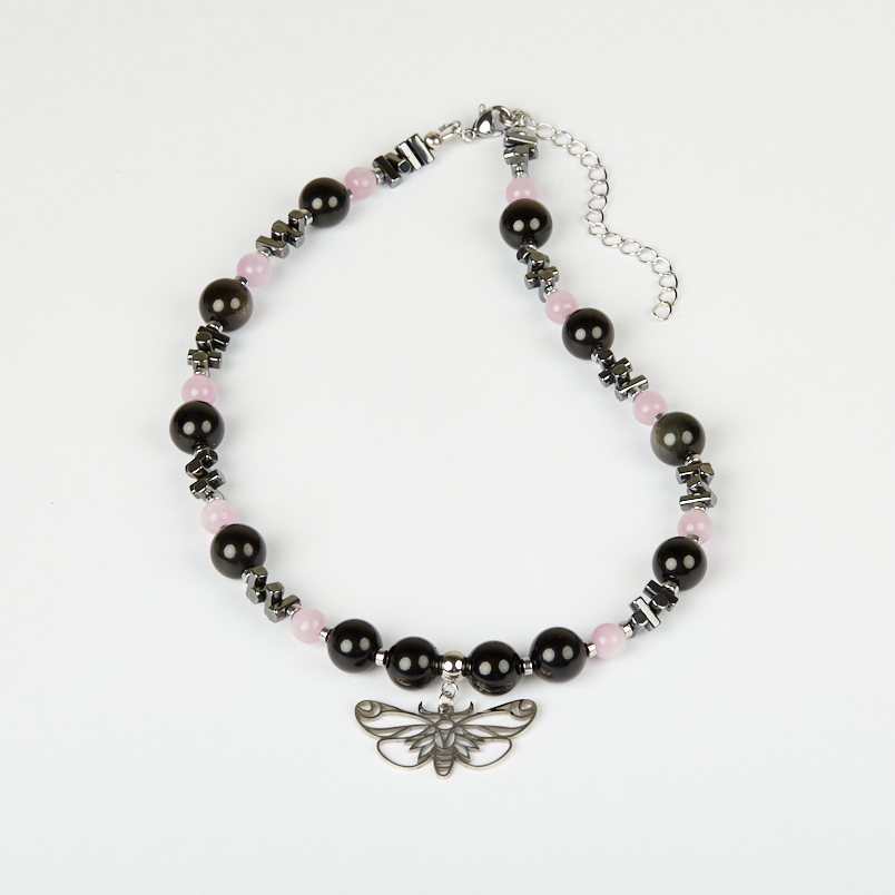 Чокер микс гематит, кунцит, обсидиан (сталь хир.) 38&nbsp;см (+7&nbsp;см)