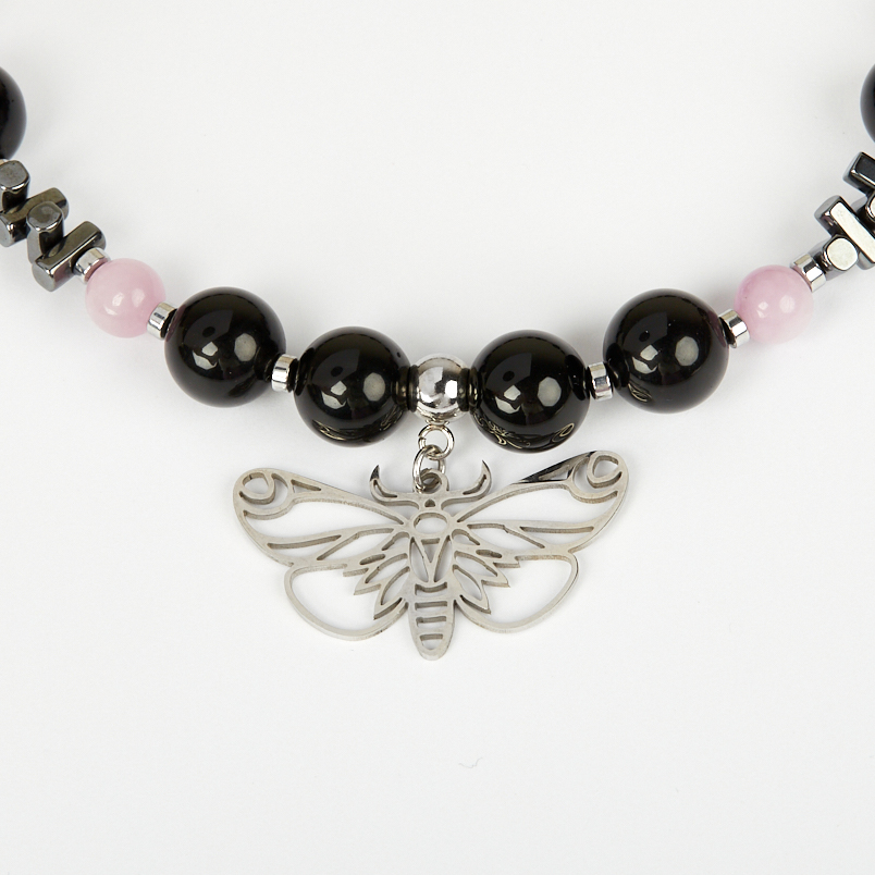 Чокер микс гематит, кунцит, обсидиан (сталь хир.) 38&nbsp;см (+7&nbsp;см)