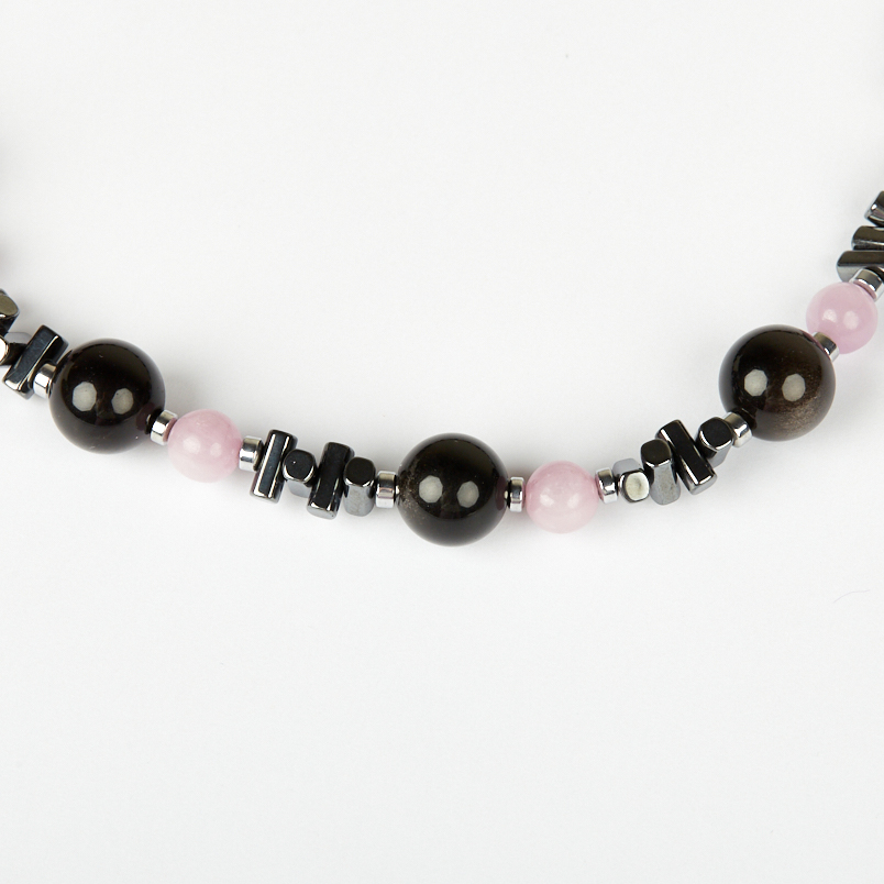 Чокер микс гематит, кунцит, обсидиан (сталь хир.) 38&nbsp;см (+7&nbsp;см)