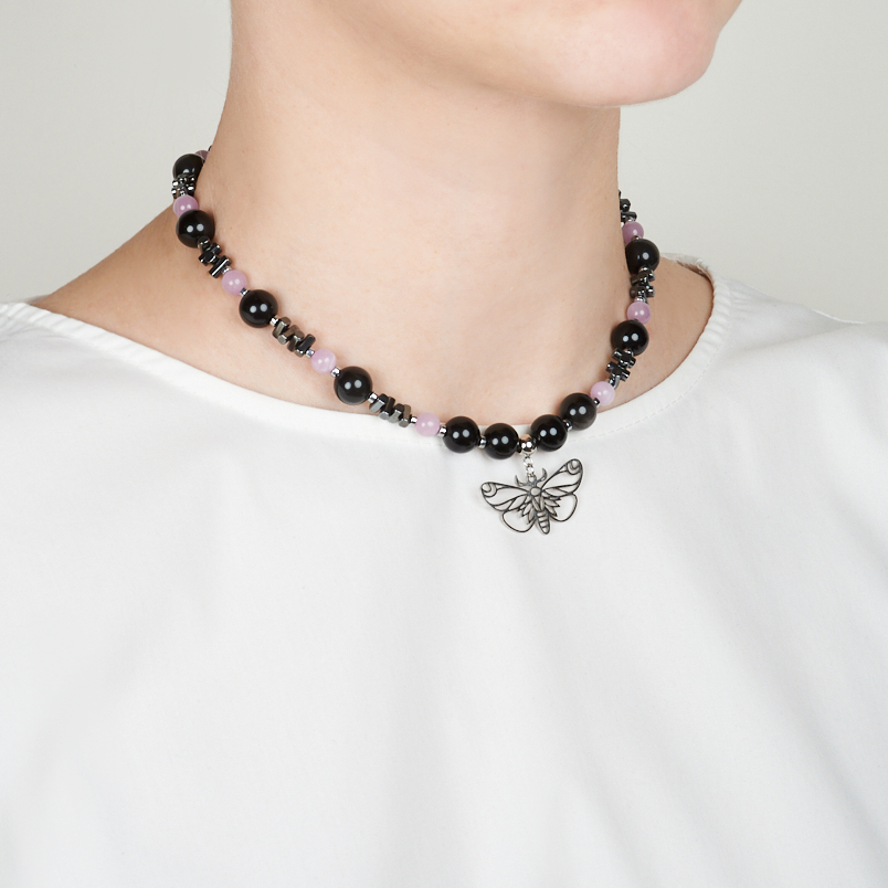 Чокер микс гематит, кунцит, обсидиан (сталь хир.) 38&nbsp;см (+7&nbsp;см)