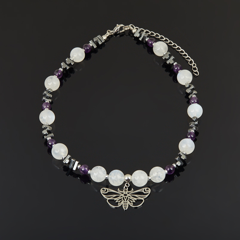 Чокер микс аметист, гематит, лунный камень (сталь хир.) 38 см (+7 см)