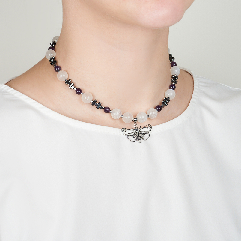 Чокер микс аметист, гематит, лунный камень (сталь хир.) 38 см (+7 см)