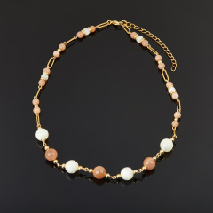 Бусы микс перламутр, солнечный камень (сталь хир. позолота) 46 см (+7 см)