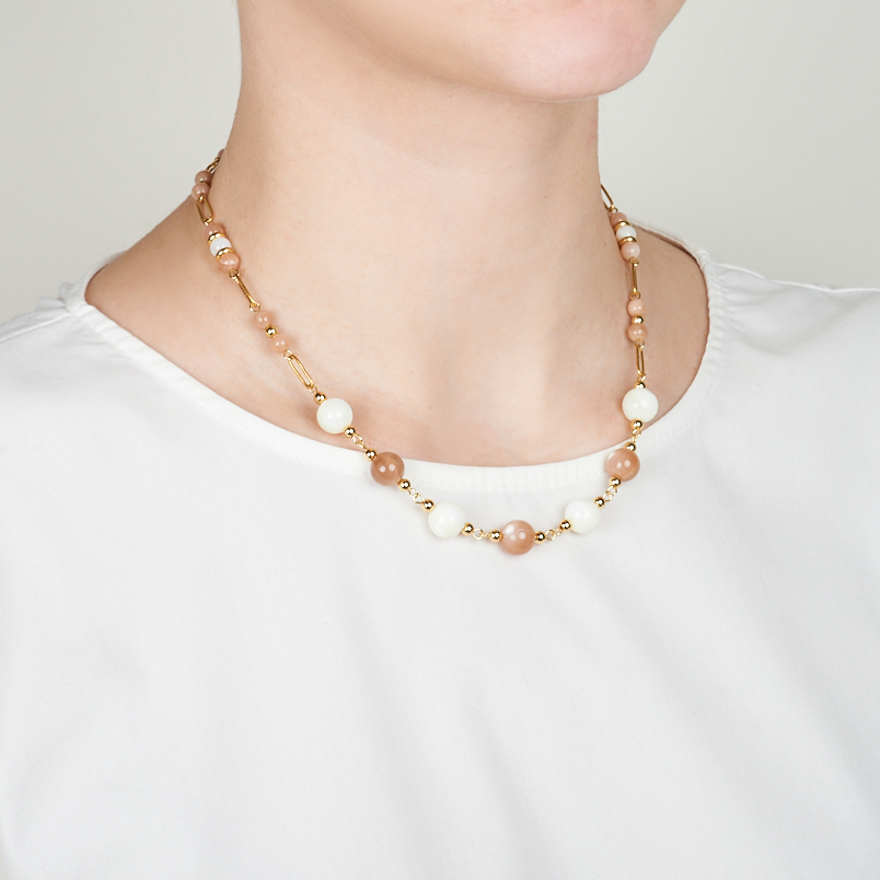 Бусы микс перламутр, солнечный камень (сталь хир. позолота) 46&nbsp;см (+7&nbsp;см)