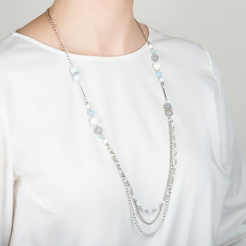 Бусы микс аквамарин, лабрадор, лунный камень (сталь хир.) (цепочка) длинные 82&nbsp;см