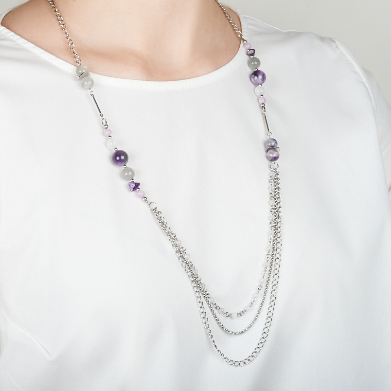 Бусы микс аметист, кунцит, лабрадор (сталь хир.) (цепочка) длинные 82 см