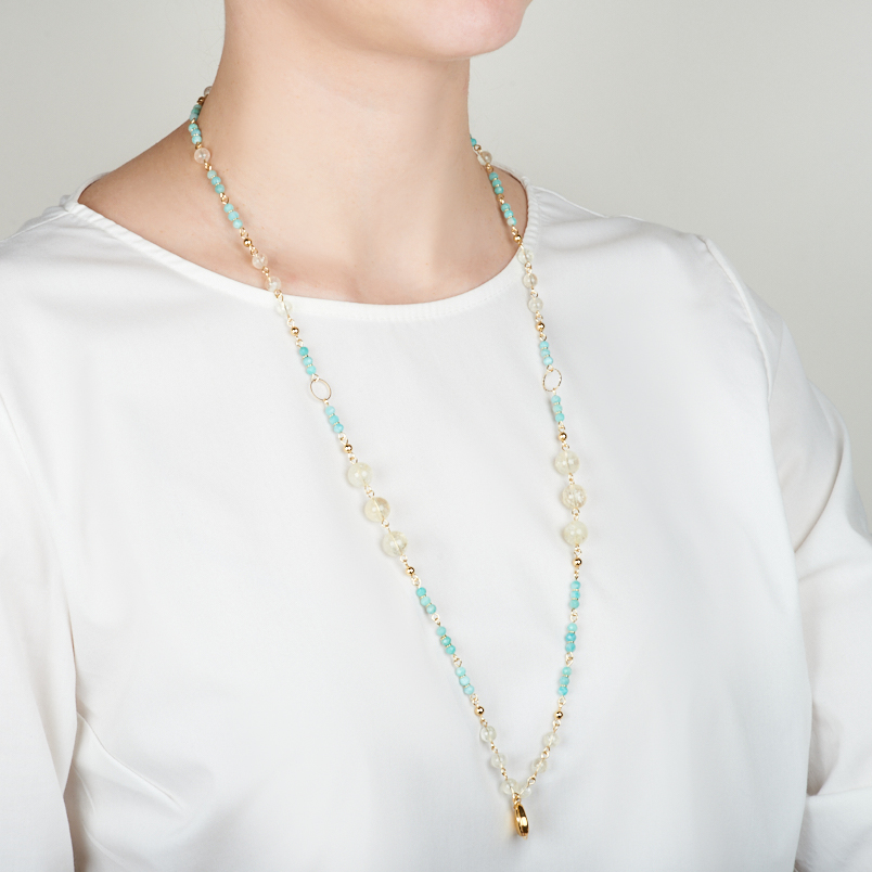 Бусы микс амазонит, цитрин (биж. сплав, сталь хир. позолота) длинные 80 см