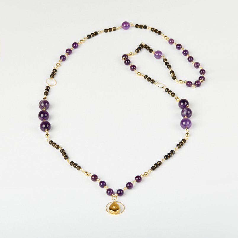 Бусы микс аметист, обсидиан (биж. сплав, сталь хир. позолота) длинные 80 см