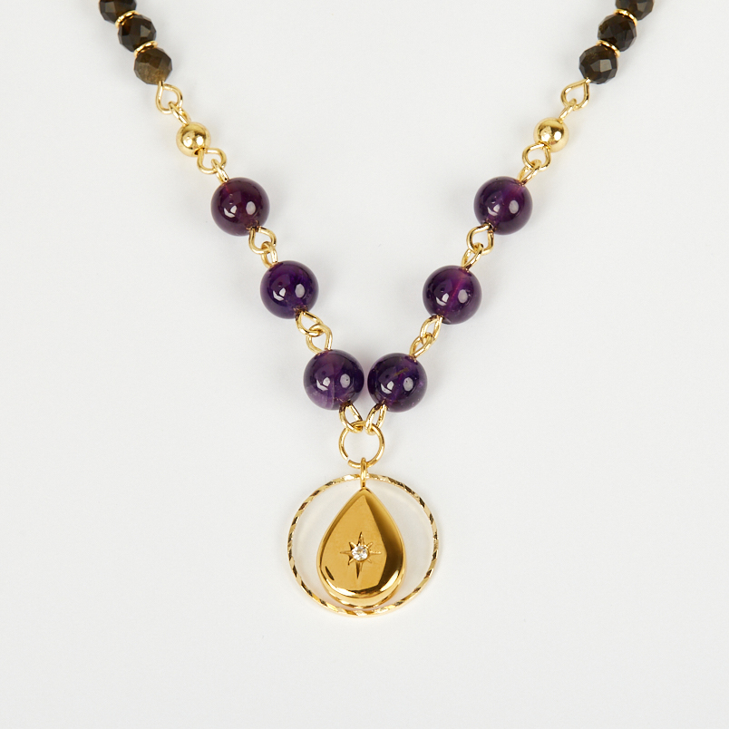 Бусы микс аметист, обсидиан (биж. сплав, сталь хир. позолота) длинные 80 см