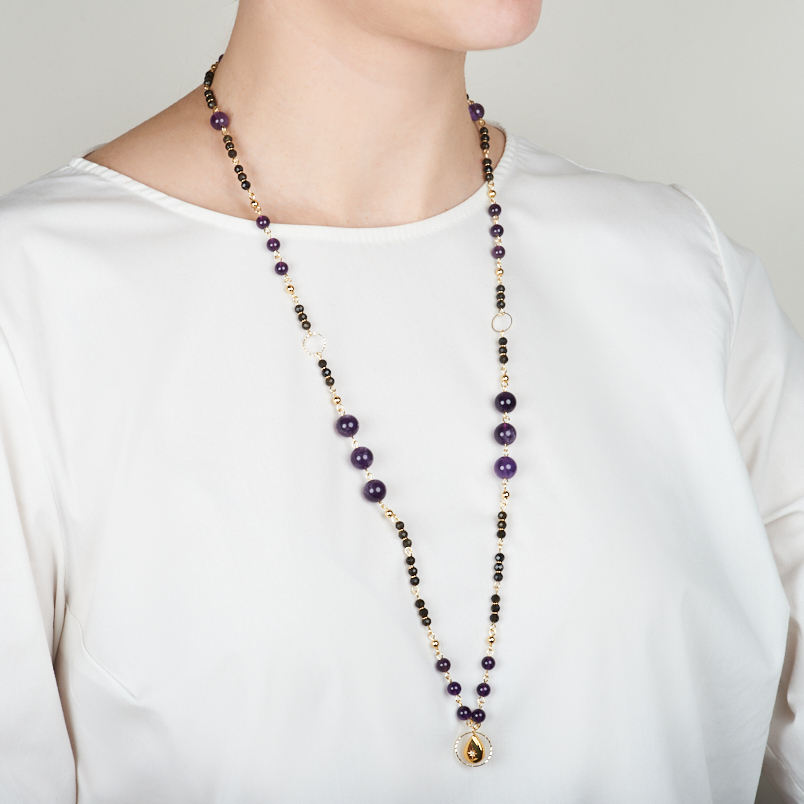 Бусы микс аметист, обсидиан (биж. сплав, сталь хир. позолота) длинные 80 см