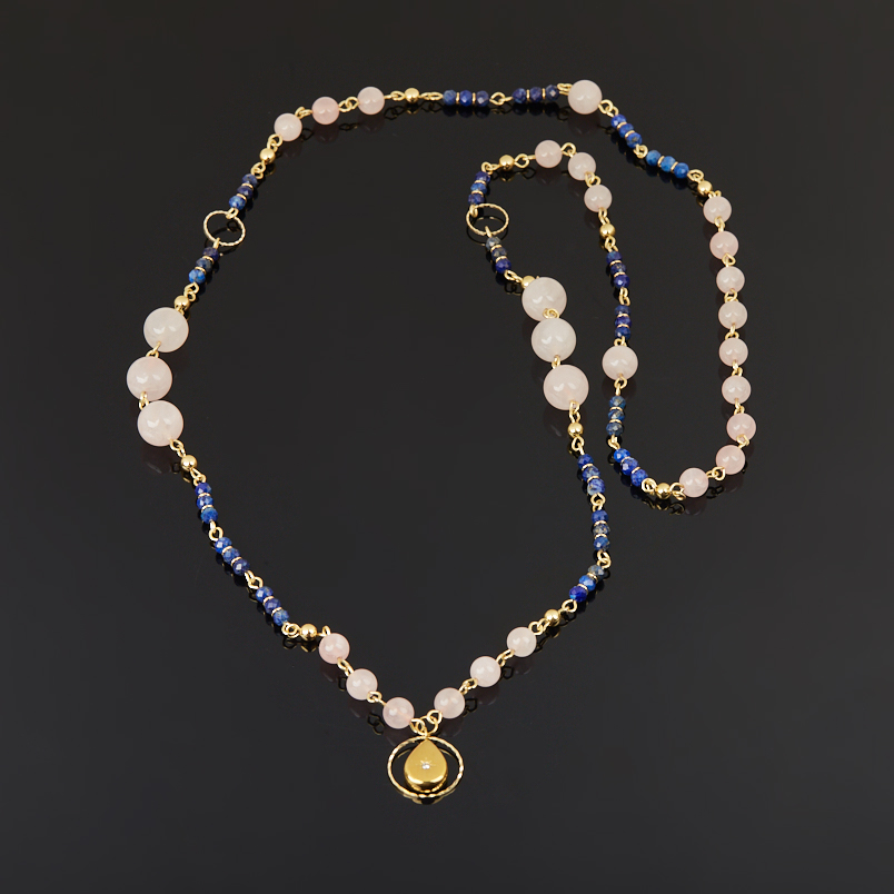 Бусы микс лазурит, розовый кварц (биж. сплав, сталь хир. позолота) длинные 80 см
