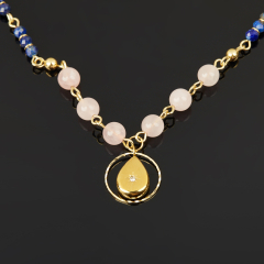 Бусы микс лазурит, розовый кварц (биж. сплав, сталь хир. позолота) длинные 80 см