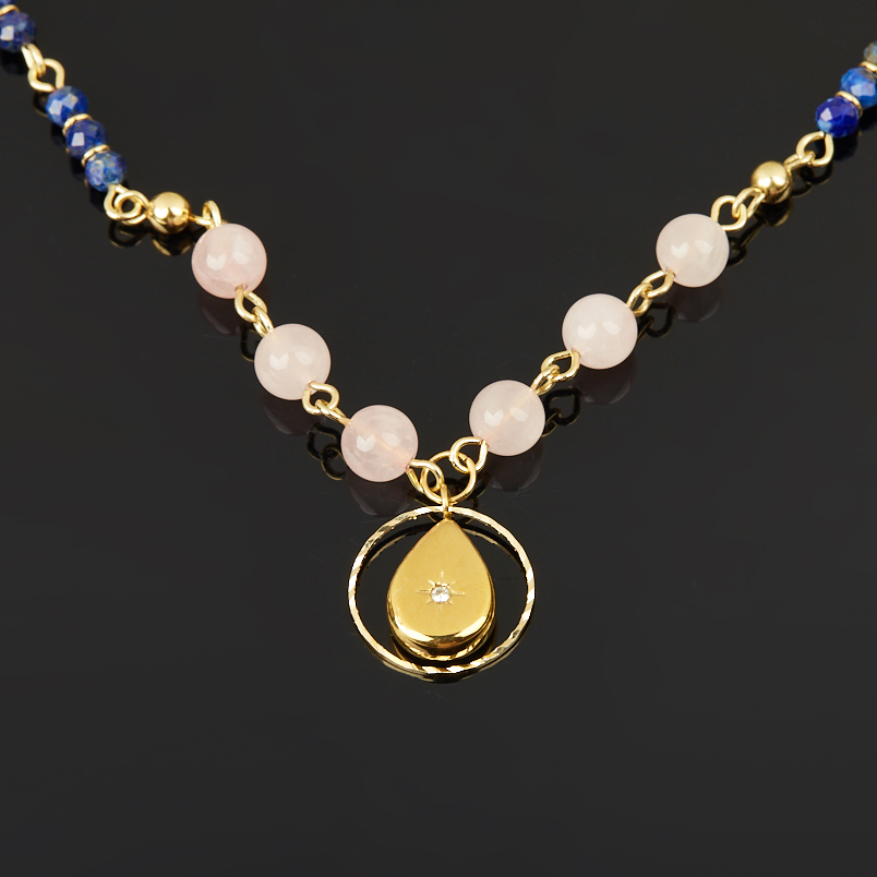 Бусы микс лазурит, розовый кварц (биж. сплав, сталь хир. позолота) длинные 80 см