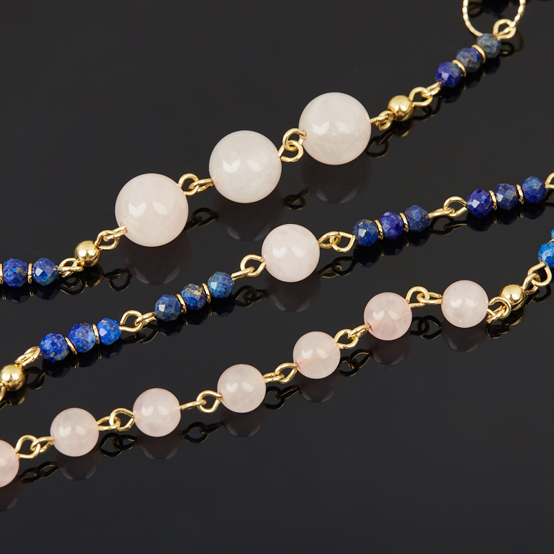 Бусы микс лазурит, розовый кварц (биж. сплав, сталь хир. позолота) длинные 80 см