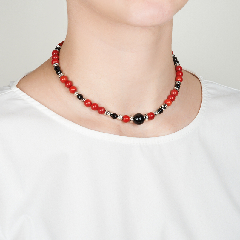 Чокер микс агат, коралл (биж. сплав, сталь хир.) (колье) 38 см (+7 см)